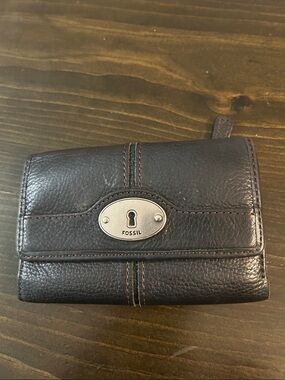 Fossil Brown Leather Trifold Wallet with Silver Keyhole Plate